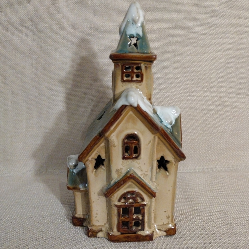 VTG Collectable Glazed Pottery Snow Covered Church Candle Holder